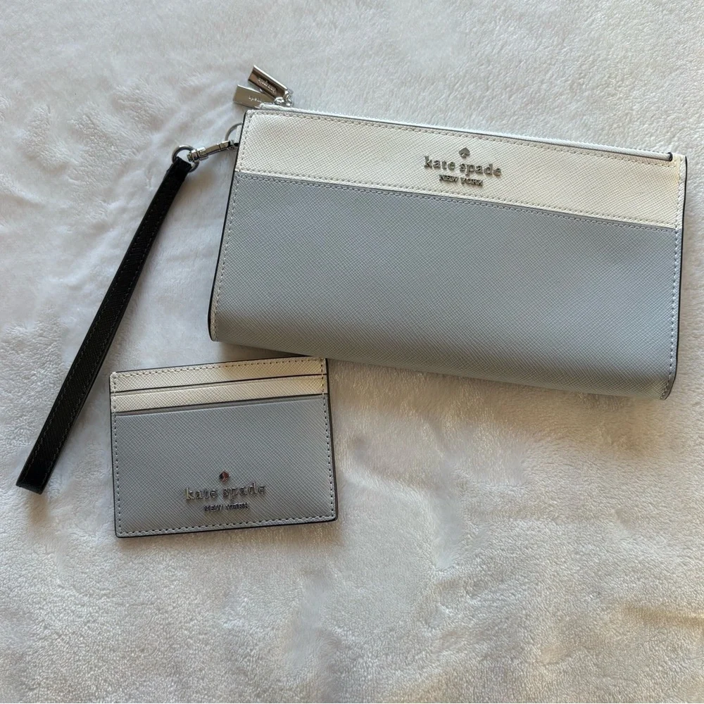 Kate Spade SET Madison Double Zip Wristlet + Small Slim Card Holder Grey/Ivory